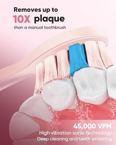 MySmile DY156 Electric Toothbrush for Adults, Rechargeable Sonic Battery Toothbrush Portable with 3 Brush Heads, 2 Mins 5 Modes Smart Timer, 45000VPM, One Charge for 60 Days - Pink