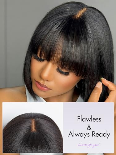 LUVME HAIR 10 Inch Light Yaki Straight Bob Wig with Bangs Human Hair Realistic HD Lace Short Black Bob Wigs, Ready to Go Blunt Cut Bob Wig Glueless 180 Density