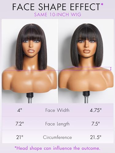 LUVME HAIR 10 Inch Light Yaki Straight Bob Wig with Bangs Human Hair Realistic HD Lace Short Black Bob Wigs, Ready to Go Blunt Cut Bob Wig Glueless 180 Density