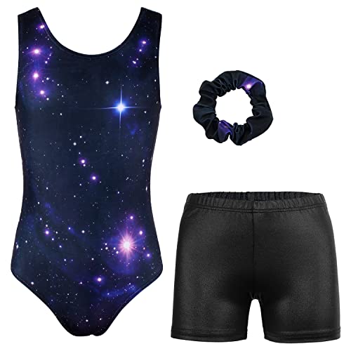 MODAFANS Leotards for Girls Gymnastics with Shorts Ballet Dance Set Activewear with Hair Scrunchie Mystery Universe,4-5Years