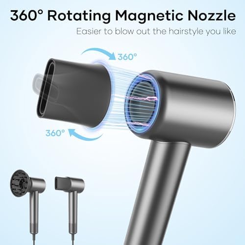Professional Hair Dryer, 200 Million Negative Ionic Blow Dryer with 110000 RPM Brushless Motor, 1500W High-Speed HairDryer with Magnetic Nozzle & Diffuser for Salon, Home, Travel (Wisdom Gray)