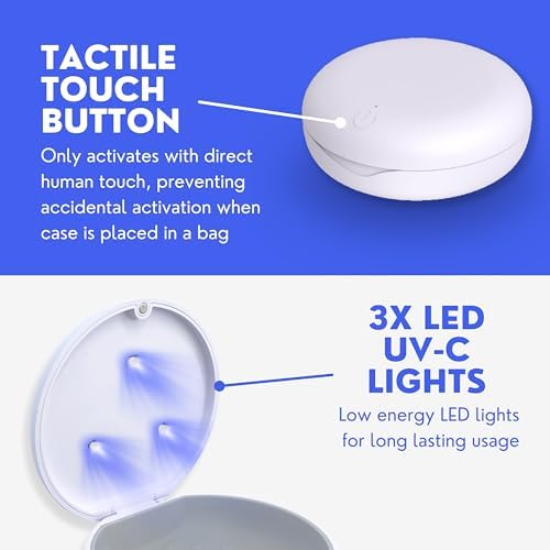 UV Retainer Case for Invisalign, Aligners, Dental Braces, Mouth Guard, Dentures and Night Guard - Small and Portable UV Retainer Cleaner Case with UVC Lights - White & Gray