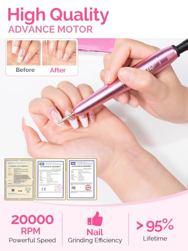Professional Electric Nail Drill Portable Nail File for Acrylic Gel Nails, 20000RPM Professional Nail Drill Machine for Nail Polish Remover with the Function of Storing Manicure Accessories, Purple