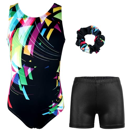 MODAFANS Gymnastics Leotards for Girls with Shorts Ballet Dance Set Activewear Multi-geometry,4-5Years