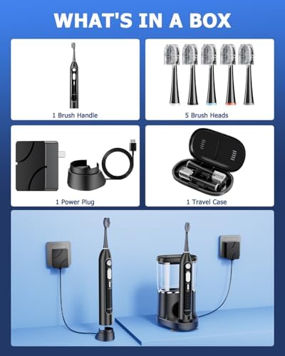 Electric Toothbrush with Water Flosser Combo in One - 3 in 1 Professional Sonic Flossing Toothbrush, 5 Replacement Heads, 3 Modes & 5 Speed, Rechargeable&Portable Teeth Cleaning Kit for Adults, 500ML