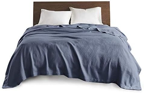 Madison Park Soft Certified 100% Egyptian Cotton Breathable Cozy Blanket, Premium Waffle Knit Classic Design, Luxury All Season Lightweight Cover for Bed, Couch and Sofa, Blue King(108"x90")