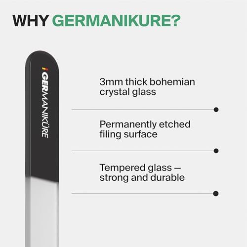 GERMANIKURE Czech Crystal Gray Glass Nail File in Suede Leather Case - Small Travel Design - Professional Manicure & Pedicure Products for Smooth Easy Shaping of Natural Nails
