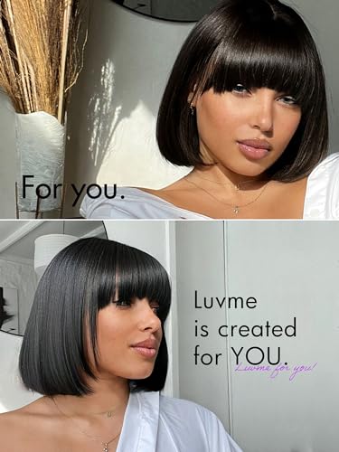 LUVME HAIR 10 Inch Light Yaki Straight Bob Wig with Bangs Human Hair Realistic HD Lace Short Black Bob Wigs, Ready to Go Blunt Cut Bob Wig Glueless 180 Density