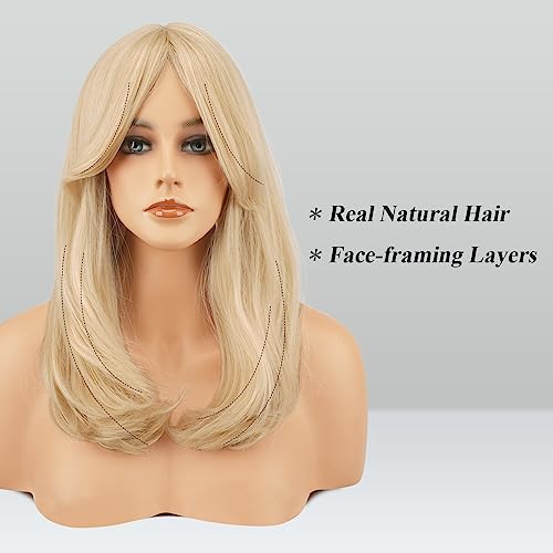 FESHFEN Blonde Wigs with Bangs, Synthetic Natural Looking Light Blonde Long Layered Straight Hair Wig for Women Daily Party Use 18 inch