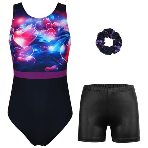 MODAFANS Gymnastics Leotards for Girls with Shorts Ballet Dance Set Activewear Multicolor Heart,4-5Years