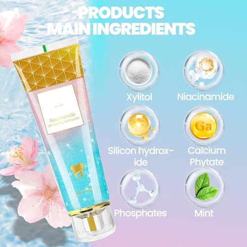 Niacinamide Whitening Toothpaste, Niacinamide Toothpaste, Fluoride-Free, for Enamel Protection ，New Sakura Peach Fragrance，Deep Cleaning & Long-Lasting Fresh Breath 4.23oz-2-Pack
