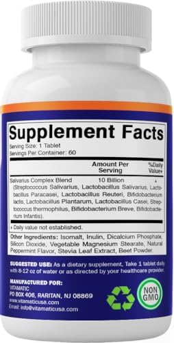 Vitamatic Salivarius Complex 10 Billion Chewable Mint Flavored Tablet - 60 Count - Oral Health Chewable Probiotics + Prebiotics - Supports Healthy Teeth, Gums, & Better Breath