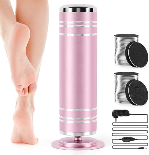 Electric Foot File Callus Remover: Adjustable Speed 1000RPM Feet File Grinder with 60 Pcs Sandpaper Discs - Professional Pedicure Tools for Dead Skin Calluses (Pink)