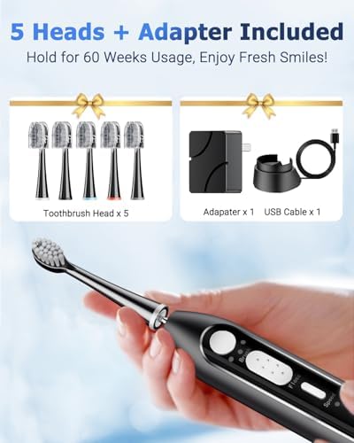 Electric Toothbrush with Water Flosser Combo in One - 3 in 1 Professional Sonic Flossing Toothbrush, 5 Replacement Heads, 3 Modes & 5 Speed, Rechargeable&Portable Teeth Cleaning Kit for Adults, 500ML