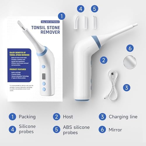 Electronic Tonsil Stone Remover, Vacuum Tonsil Stone Removal Kit with LED Light, 3 Suction Modes, Tonsil Stone Cleaner Tool,Oral Care for Mouth Health, Fight Bad Breath Instant Suction Irrigator