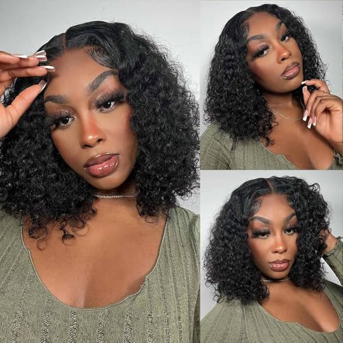 Wear and Go Bob Wig Human Hair Deep Wave Glueless Wigs Pre Plucked Pre Cut 4x4 Lace Closure 180% Density Ready to Wear Bob Wigs for Black Women Beginner Friendly (Curly Bob Wig, 12inch)