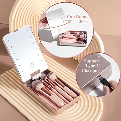 BS-MALL Makeup Brushes Foundation Powder Concealers Eye Shadows Makeup Set with LED light Mirror 14 Pcs Mini Makeup Brushes (APINK)