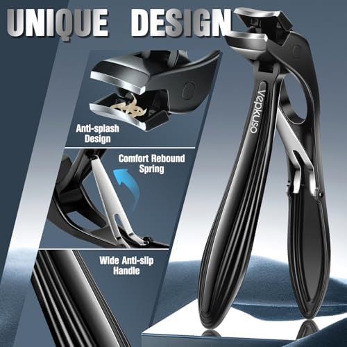 Toenail Clippers & Nail Clippers Set for Seniors - Heavy-Duty Long Handled Toenail Clippers for Thick Toenails, Men & Women | Hygienic Manicure Set with Nail Catcher & File (Black(AB))