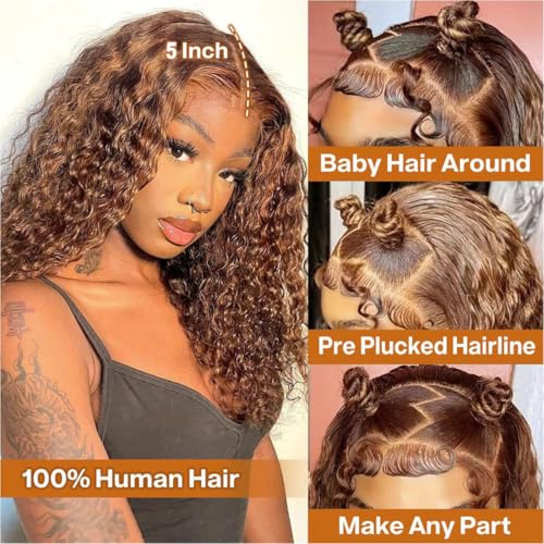 Wear and Go Glueless 5x5 HD Lace Closure Wigs Human Hair Deep Wave Wig Human Hair Pre Plucked Pre Cut P4/27 Honey Blonde Ombre Highlight Wig Human Hair 180% Density 20 Inch