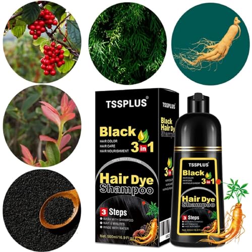 TSSPLUS Black Hair Dye Shampoo, 500ml - Organic Natural Hair Color Dye Shampoo for Women & Men, Instant Gray White Hair Cover, Plant Essence, Semi-Permanent