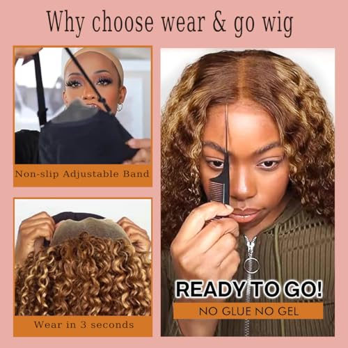 Wear and Go Glueless 5x5 HD Lace Closure Wigs Human Hair Deep Wave Wig Human Hair Pre Plucked Pre Cut P4/27 Honey Blonde Ombre Highlight Wig Human Hair 180% Density 20 Inch