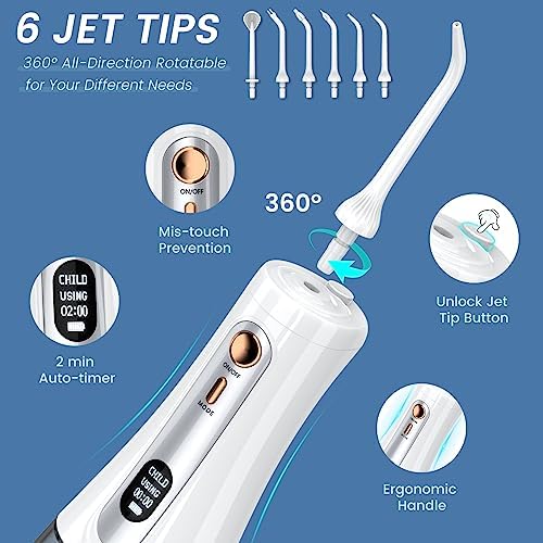 Water Flosser,350ML Water Dental Flosser for Teeth Clean, 5 Modes 6 Jet Tips, LCD Display Cordless Water Flosser, Rechargeable Travel Electric Water Flossers IPX7 Waterproof for Teeth Cleaning