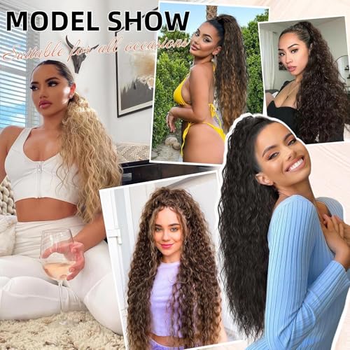 Lommel Ponytail Extension, Claw Clip Ponytail Extension for Women Long Wavy Pony Tails Hair Extensions Fluffy Natural Looking Synthetic 26 Inch Clip in Ponytail Hairpiece for Daily Use (Brown Black)