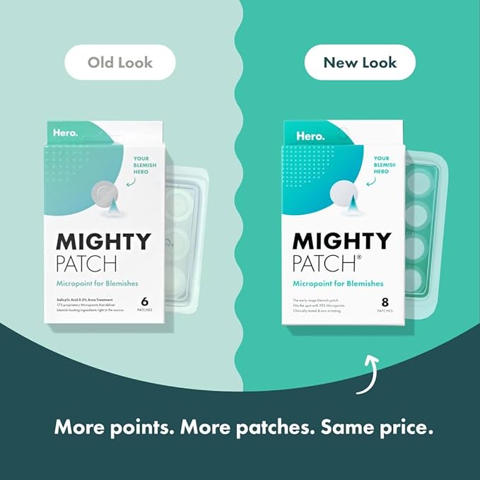 Mighty Patch Micropoint Large Hydrocolloid Pimple Patches for Face Blemishes from Hero Cosmetics, Acne Stickers for Early Stage Zits & Hidden Pimples, 395 Proprietary Micropoints, 8 Count (Pack of 2)