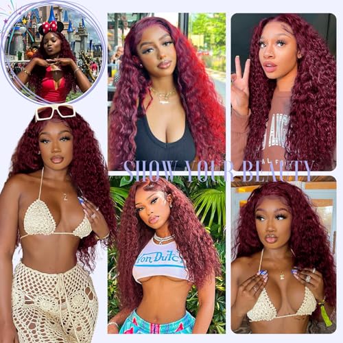 Estilar 30 Inch 99j Burgundy Lace Front Wigs Human Hair 13x6 Deep Wave HD Lace Front Wigs Pre Plucked with Baby Hair 200 Density Glueless Wet and Wavy Red Wine Colored Wigs Human Hair for Women