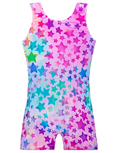 TENVDA Girls Gymnastics Leotards Size 5-6 Years Hotpink Stars Sparkly Classic One-Piece Sleeveless Kids Biketard Unitard