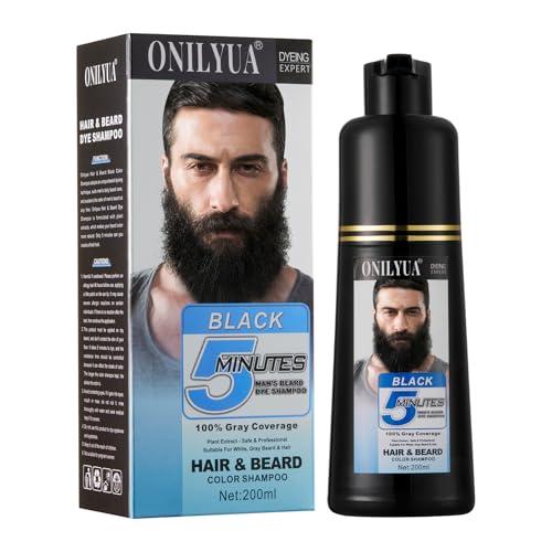 Men's Black Beard Dye, Black Hair Dye for Gray Hair Coverage, 3 in 1 Hair Dye Shampoo, Mustache & Beard Dye for Men, Quick & Easy to Use at Home, Long Lasting Beard Color for Men 200ML
