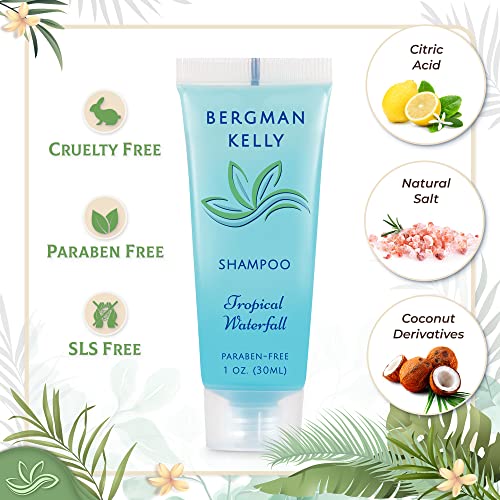 BERGMAN KELLY - Hotel Toiletries Bundle - Tropical Waterfall, 1 oz each, 125 Pieces - 5-Piece Set: 25 each Round Bar Soap, Shampoo, Conditioner, Body Lotion & Body Wash - Bulk Mini Guest Amenities