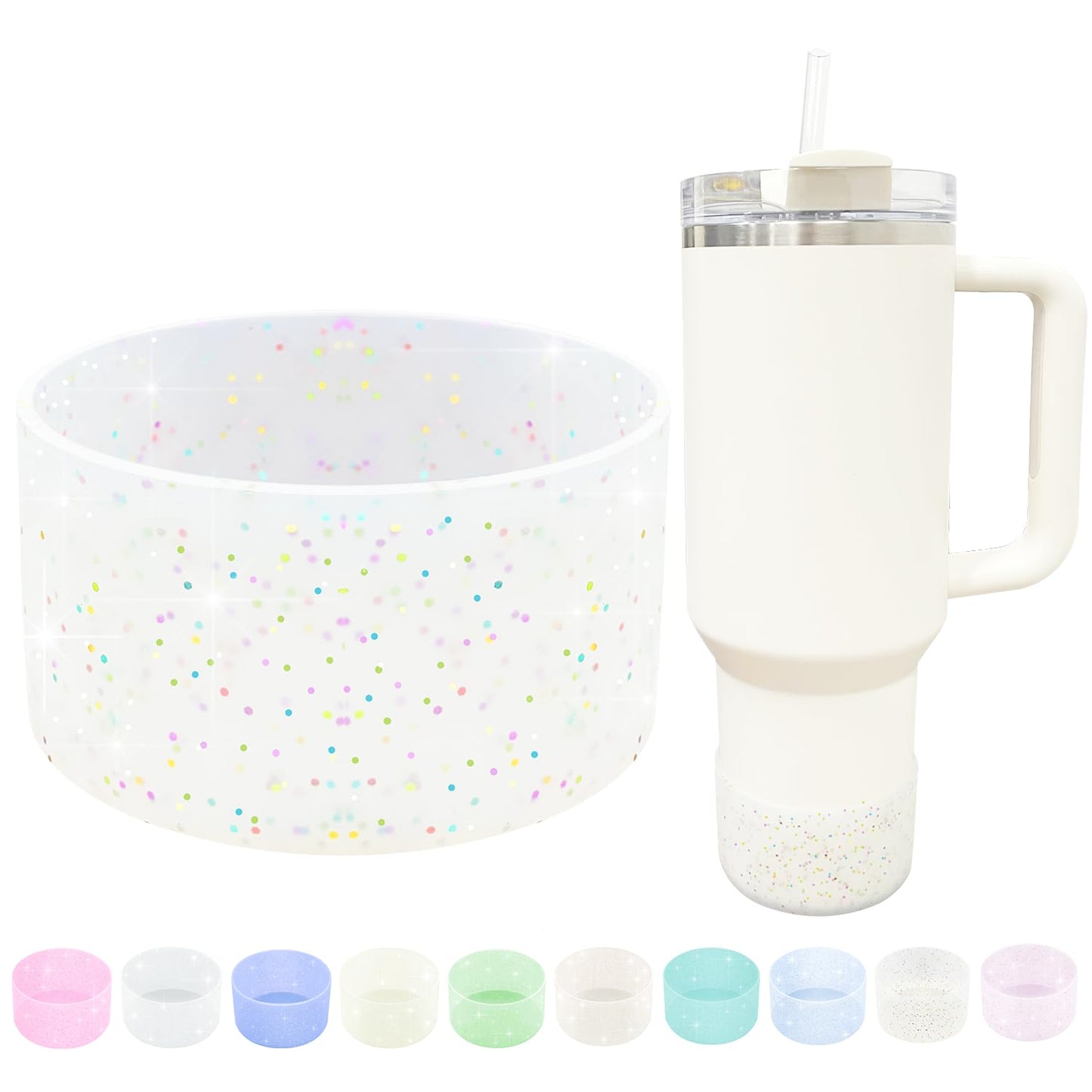WORBSS Glitter Silicone Boot Sleeve for Stanley Cup H2.0 40oz Accessories & Hydro Flask 18-24oz 2.85-3.0 inch Tumbler Wide Mouth Water Bottle Protector Bottom Sleeve Cover Bumper Best Gifts