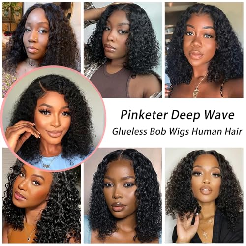 Wear and Go Bob Wig Human Hair Deep Wave Glueless Wigs Pre Plucked Pre Cut 4x4 Lace Closure 180% Density Ready to Wear Bob Wigs for Black Women Beginner Friendly (Curly Bob Wig, 12inch)