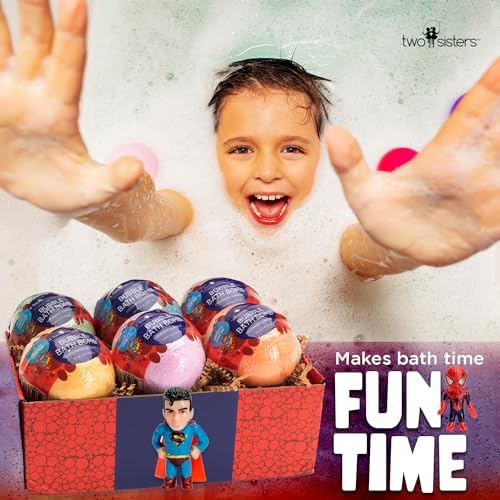 Superhero Bath Bombs for Kids with Surprise Toys Inside (6 Pack) - Large Bubble Bomb Fizzies for Boys, Girls, & Toddlers - Fruity Scents, Relaxing Aromas, Made in USA, Birthday Gift by Two Sisters