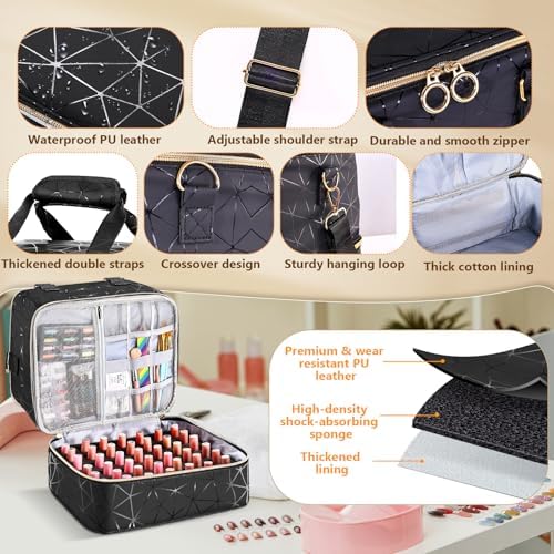 Nail Polish Organizer Case Holds 84 Bottles(15ml/0.5 Liquid Ounces) & Nail Lamp,3 Layers PU Leather Nail Supplies Storage Organizer Bag,Large Shoulder Strap Nail Polish Holder Travel Carrying Case.