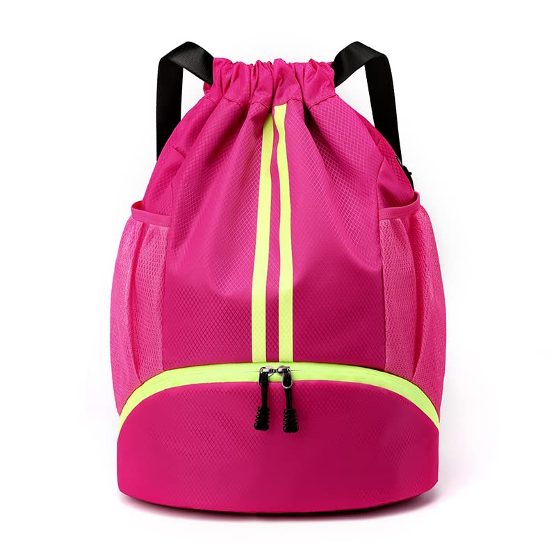 LOKAPEGY Drawstring Gym Bag for Men, Waterproof Drawstring Backpack for Women, Swim Bag with Shoes Compartment, Pull String Sport Bag for Soccer and Basketball. (Rose)