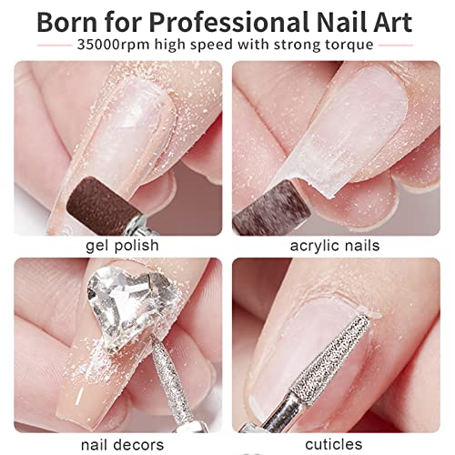 Kredioo Nail Drill, 35000RPM Nail Drills for Acrylic Nails Professional Cordless Electric File Rechargeable Portable Machine 6 Bits Dremel Tools for Women Manicure Pedicure Remove Gel Polish