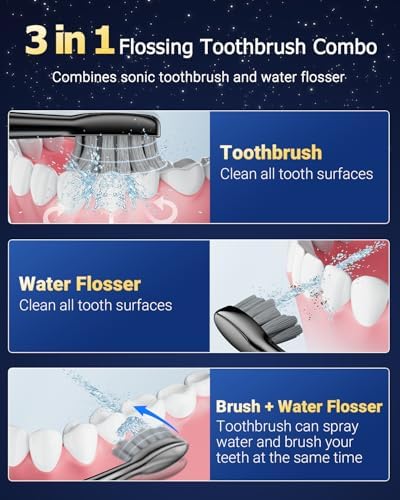 Electric Toothbrush with Water Flosser Combo in One - 3 in 1 Professional Sonic Flossing Toothbrush, 5 Replacement Heads, 3 Modes & 5 Speed, Rechargeable&Portable Teeth Cleaning Kit for Adults, 500ML