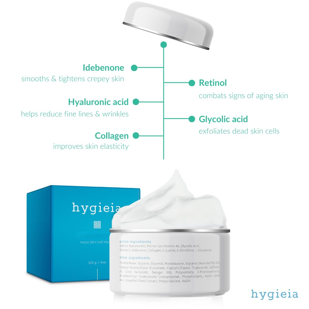 Hygieia + Crepey Skin Liposomal Repair Cream – Anti-Aging Lotion for Arms, Neck & Body – Retinol, Hyaluronic Acid & Idebenone – Firming, Wrinkle & Loose Skin Corrector, 4oz