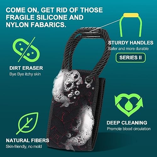 Exfoliating Back Scrubber for Use in Shower, 38.5 Inch Back Washer with Handles, Dual-Sided Body Exfoliator for Daily & Deep Skin Cleaning, Bath Back Scrub Washcloth for Men & Women (Black)