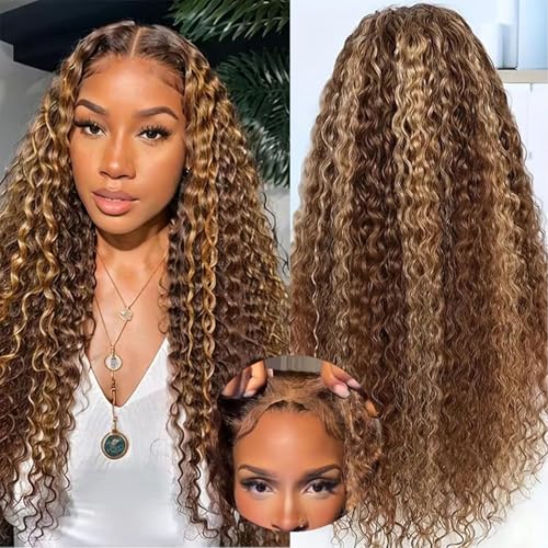 Wear and Go Glueless 5x5 HD Lace Closure Wigs Human Hair Deep Wave Wig Human Hair Pre Plucked Pre Cut P4/27 Honey Blonde Ombre Highlight Wig Human Hair 180% Density 20 Inch