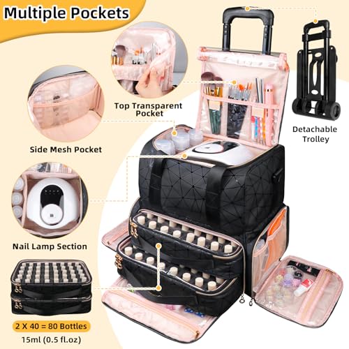 Rolling Nail Polish Organizer Bag Holds 80 Bottles (15ml/0.5fl.Oz)& Nail Lamp, PU Leather Nail Supplies Organizer Case with Detachable Trolley, Extra Large Nail Kit Storage with Wheels (Black)