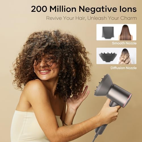 Professional Hair Dryer, 200 Million Negative Ionic Blow Dryer with 110000 RPM Brushless Motor, 1500W High-Speed HairDryer with Magnetic Nozzle & Diffuser for Salon, Home, Travel (Wisdom Gray)
