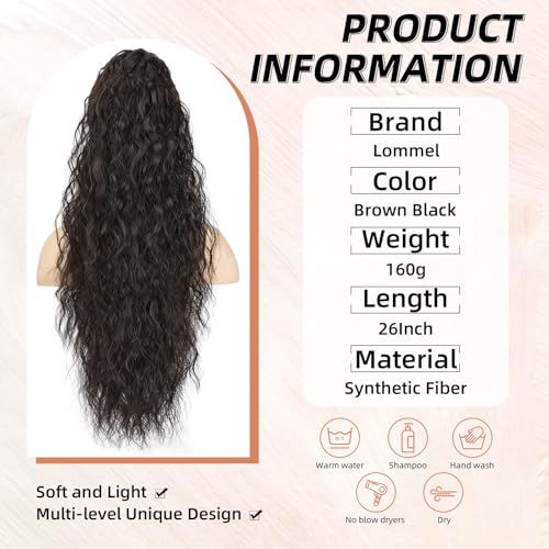 Lommel Ponytail Extension, Claw Clip Ponytail Extension for Women Long Wavy Pony Tails Hair Extensions Fluffy Natural Looking Synthetic 26 Inch Clip in Ponytail Hairpiece for Daily Use (Brown Black)