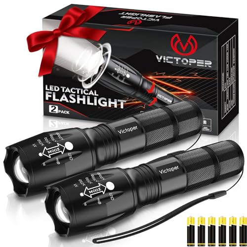 Victoper LED Flashlight 2 Pack, Bright 2000 Lumens Tactical Flashlights High Lumens with 5 Modes, Waterproof Zoomable Flash Light for Outdoor, Gifts for Father's Day Camping Essentials Camper Gear