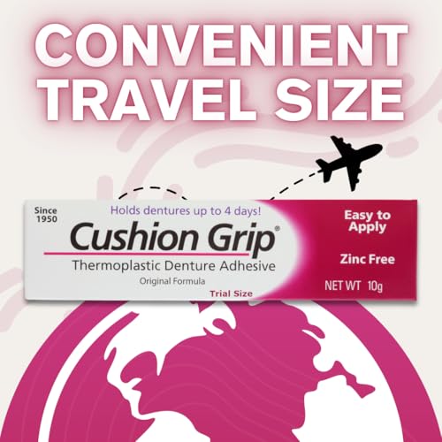 Cushion Grip Thermoplastic Denture Adhesive, 0.35 oz Travel Size (Pack of 2) | Refits and Tightens Loose Dentures On The Go | Non-Glue Adhesive, Acts Like a Soft Reliner