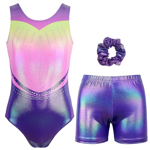 MODAFANS Gymnastics Leotards for Girls with Shorts Ballet Dance Set Activewear Sunshine Diamond,10-11Years