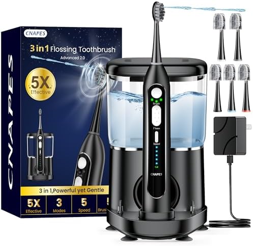 Electric Toothbrush with Water Flosser Combo in One - 3 in 1 Professional Sonic Flossing Toothbrush, 5 Replacement Heads, 3 Modes & 5 Speed, Rechargeable&Portable Teeth Cleaning Kit for Adults, 500ML