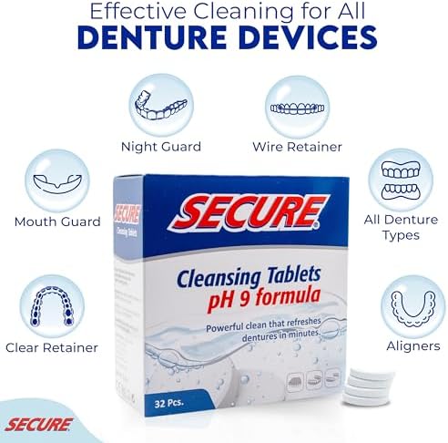 Secure Daily Cleansing Tablets - pH 9 Formula Thoroughly Cleans Dentures - FSA & HSA Approved - Fights Odors, Stains & Germs - For Dentures, Nightguards, Retainers & Partials - 32 Tablets (4 Pack)